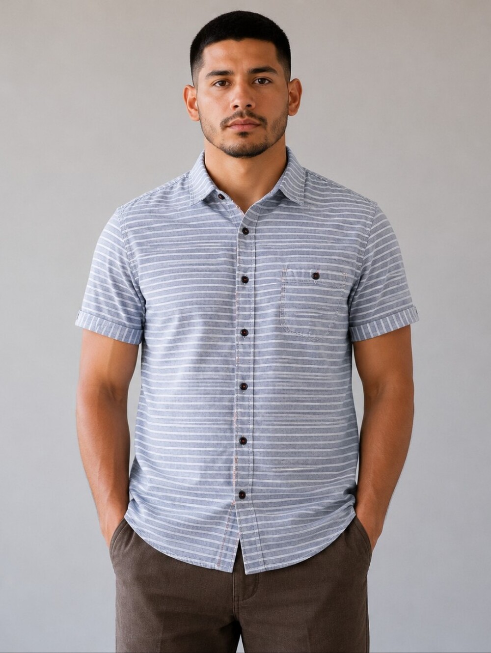 MBX Denim Wear Men's XL Gray White Striped Slim Fit Button Shirt